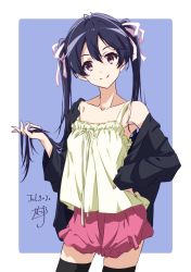 Rule 34 | 1girl, adjusting hair, black thighhighs, blue hair, camisole, collarbone, dated, hair ribbon, hand on own hip, hand up, head tilt, highres, jacket, jacket on shoulders, long hair, looking at viewer, nii manabu, open clothes, open jacket, original, over-kneehighs, pink eyes, pink skirt, ribbon, signature, simple background, skirt, solo, thighhighs, twintails