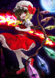 Rule 34 | 1girl, ankle socks, ascot, bad id, bad pixiv id, blonde hair, blood, blood on face, fangs, flandre scarlet, flying, frilled skirt, frills, full moon, hat, hat ribbon, laevatein, looking at viewer, mary janes, mob cap, moon, night, open mouth, outdoors, puffy short sleeves, puffy sleeves, red eyes, ribbon, scarlet devil mansion, shoes, short hair, short sleeves, skirt, skirt set, slit pupils, socks, solo, suraro-pu, touhou, wings