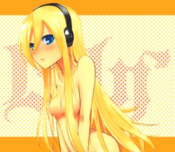 Rule 34 | 1girl, ama mikan, bad id, bad pixiv id, blonde hair, blue eyes, blush, breasts, female focus, headphones, highres, lily (vocaloid), long hair, medium breasts, nude, solo, vocaloid