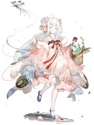 Rule 34 | 1girl, blue hair, blush, bracelet, closed eyes, dress, flower, food fantasy, full body, hair flower, hair ornament, jewelry, long hair, mung bean soup (food fantasy), official art, pale skin, petals, rose, second-party source, simple background, smile, solo, transparent background, white legwear
