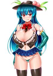 Rule 34 | 1girl, aqua gloves, aqua panties, black hat, blue hair, blue skirt, bow, breasts, buttons, elbow gloves, fingerless gloves, food, frills, fruit, gloves, hair between eyes, hat, heart, heart-shaped pupils, hinanawi tenshi, honda takaharu, large breasts, leaf, long hair, microskirt, midriff, panties, peach, red eyes, revealing clothes, skirt, symbol-shaped pupils, tagme, thighhighs, thong, tongue, tongue out, touhou, underwear