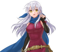 Rule 34 | 1girl, :d, absurdres, bangle, bare shoulders, belt, black gloves, blue scarf, bracelet, breasts, brown belt, commentary request, commission, dress, elbow gloves, fingerless gloves, fire emblem, fire emblem: radiant dawn, gloves, hair between eyes, hazuki (nyorosuke), highres, jewelry, large breasts, long hair, looking at viewer, micaiah (fire emblem), nintendo, open mouth, purple dress, scarf, simple background, skeb commission, sleeveless, sleeveless dress, smile, solo, upper body, very long hair, white background, white hair, yellow eyes