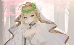 1girl absurdres ahoge bare_shoulders blonde_hair blush breasts bridal_veil bride chain cleavage detached_collar detached_sleeves dress elbow_gloves fate/extra fate/extra_ccc fate/grand_order fate_(series) flower_wreath gloves green_eyes hair_between_eyes hair_intakes head_wreath highres large_breasts leotard lock long_hair looking_at_viewer nero_claudius_(bride)_(fate) nero_claudius_(bride)_(second_ascension)_(fate) nero_claudius_(fate) nero_claudius_(fate)_(all) padlock puffy_sleeves seizou_hidzuke smile solo tree veil wedding_dress white_gloves white_leotard wide_sleeves zipper
