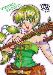 Rule 34 | 1girl, bare shoulders, belt, bow, breasts, dated, gengoro akemori, green eyes, green hair, long hair, looking at viewer, multi-tied hair, nail polish, open mouth, ponytail, ribbon, saga, saga frontier 2, simple background, smile, solo, very long hair, virginia knights, weapon, white background
