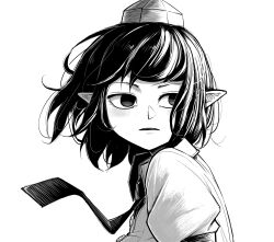 Rule 34 | 1girl, collared shirt, commentary request, empty eyes, hat, highres, juliet sleeves, long sleeves, monochrome, necktie, parted lips, peroponesosu., pointy ears, puffy sleeves, shameimaru aya, shirt, solo, tokin hat, touhou, upper body, wind