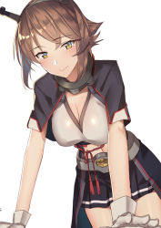 Rule 34 | 1girl, bad id, bad pixiv id, black capelet, black jacket, black skirt, blush, breasts, brown hair, capelet, cleavage, closed mouth, collar, gloves, green eyes, headgear, jacket, kantai collection, large breasts, leaning forward, looking at viewer, metal belt, mutsu (kancolle), mutsu kai ni (kancolle), navel, open clothes, open jacket, pallad, pleated skirt, short hair, simple background, skirt, smile, solo, white background, white gloves