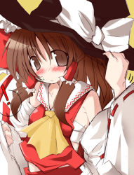 Rule 34 | !, 1girl, ascot, black hat, blush, bow, brown eyes, brown hair, detached sleeves, female focus, hair bow, hair tubes, hakurei reimu, hat, imperishable night, japanese clothes, long hair, miko, solo, touhou, witch hat