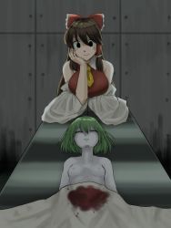 Rule 34 | 2girls, autopsy, blood, bow, breasts, brown hair, closed eyes, closed mouth, colored skin, cookie (touhou), daiyousei, detached sleeves, diyusi (cookie), frilled bow, frilled hair tubes, frills, hair between eyes, hair bow, hair tubes, hakurei reimu, head rest, kashiran, large breasts, long hair, looking at another, morgue, multiple girls, necktie, nipples, noel (cookie), nude, red bow, red shirt, shirt, short hair, sidelocks, sleeveless, sleeveless shirt, small breasts, smile, touhou, upper body, white skin, white sleeves, yellow necktie