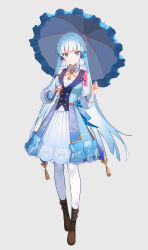 Rule 34 | 1girl, absurdres, ayaka (genshin impact), blue dress, blue eyes, blue hair, blue jacket, blunt bangs, blunt tresses, boots, brown footwear, butterfly hair ornament, closed mouth, cross-laced footwear, dress, genshin impact, grey background, hair ornament, hand up, highres, holding, holding umbrella, jacket, jewelry, kamisato ayaka, kamisato ayaka (springbloom missive), lace-up boots, long bangs, long hair, looking at viewer, necklace, pantyhose, raised eyebrows, shotgunman, sidelocks, simple background, smile, solo, straight-on, straight hair, umbrella, white pantyhose