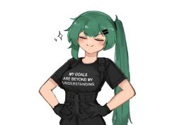 Rule 34 | 1girl, absurdres, black gloves, black shirt, blush, breasts, closed eyes, closed mouth, commentary, english commentary, english text, gloves, green hair, hair ornament, hairclip, hands on own hips, highres, large breasts, load bearing vest, long hair, original, shirt, short sleeves, side ponytail, simple background, smile, solo, underbust, upper body, white background, xerbatt