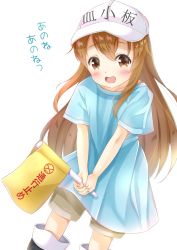 Rule 34 | 10s, 1girl, :d, black footwear, blue shirt, blush, boots, brown eyes, brown hair, brown shorts, commentary request, flag, flat cap, hair between eyes, hat, hataraku saibou, holding, holding flag, inahori, long hair, looking at viewer, open mouth, platelet (hataraku saibou), round teeth, shirt, short shorts, short sleeves, shorts, simple background, smile, solo, teeth, translation request, upper teeth only, very long hair, white background, white hat