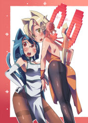 Rule 34 | 2girls, animal ears, ass, blonde hair, blue hair, breasts, brown eyes, cat ears, cat tail, china dress, chinese clothes, cleavage, cleavage cutout, clothing cutout, dress, elbow gloves, glasses, gloves, medium breasts, multiple girls, original, pantyhose, tail, ushihashiru