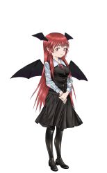 Rule 34 | 1girl, bat wings, black footwear, black pantyhose, breasts, dress shirt, full body, head wings, highres, holding, ishi pen, koakuma, light smile, long hair, long sleeves, looking at viewer, medium breasts, necktie, pantyhose, red eyes, red hair, shirt, shoes, simple background, skirt, skirt set, solo, standing, touhou, v arms, very long hair, vest, white background, white shirt, wings