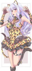 Rule 34 | 1girl, animal ears, animal print, anjerain, blush, boots, breasts, cleavage, dress, fingerless gloves, frills, gloves, hair intakes, highres, idolmaster, idolmaster (classic), large breasts, leopard ears, leopard print, long hair, open mouth, orange dress, paw pose, pink eyes, see-through, see-through cleavage, shijou takane, solo, thigh strap, white hair