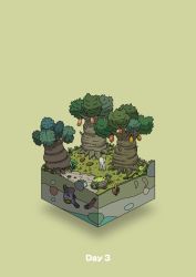 Rule 34 | animal, boulder, commentary request, diorama, food, fruit, gozz, green background, highres, holding, holding stick, isometric, lizard, moss, original, plant, poking, stick, tree