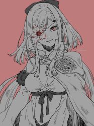Rule 34 | 1girl, absurdres, breasts, cape, cleavage, dated, drag-on dragoon, drag-on dragoon 3, dress, facing viewer, flower in eye, hair ribbon, highres, light smile, long hair, looking to the side, medium hair, monochrome, navel, parted lips, pink background, pink eyes, ribbon, solo, spot color, symbol in eye, twitter username, upper body, wa (87s-87), zero (drag-on dragoon)