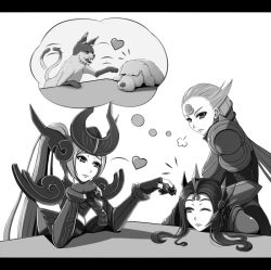 Rule 34 | 3girls, armor, candy, cat, chocolate, chocolate heart, diana (league of legends), dog, ear protection, food, forehead jewel, forehead protector, gloves, greyscale, heart, helmet, league of legends, leona (league of legends), long hair, monochrome, multiple girls, oldlim, pauldrons, short hair, shoulder armor, syndra, valentine, very long hair, yuri