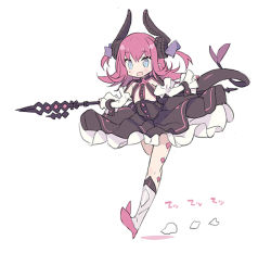 Rule 34 | 10s, 1girl, :d, armored boots, black dress, blade (galaxist), blue eyes, blush, boots, curled horns, detached sleeves, dragon girl, dragon horns, dragon tail, dress, elizabeth bathory (fate), elizabeth bathory (fate/extra ccc), elizabeth bathory (first ascension) (fate), fang, fate/extra, fate/extra ccc, fate (series), full body, grey footwear, hair between eyes, hair ribbon, holding, horns, knee boots, long hair, long sleeves, open mouth, pink hair, purple ribbon, ribbon, skin fang, smile, solo, standing, standing on one leg, tail, two side up