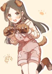 Rule 34 | + +, 1girl, :d, animal ears, animal hands, animalization, blunt ends, bone print, brown hair, cartoon bone, collar, commentary request, dog ears, dog paws, dog tail, drop shadow, fur-trimmed sleeves, fur trim, gakuen idolmaster, gloves, highres, hood, hoodie, idolmaster, knees out of frame, knees together feet apart, kuramoto china, long hair, looking at viewer, mmmakaron888, open mouth, overall shorts, overalls, parted bangs, paw gloves, paw print, pink overalls, simple background, smile, solo, tail, teeth, upper teeth only, wanwan wonderful (idolmaster), yellow background