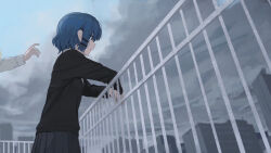 Rule 34 | 2girls, against railing, arm rest, black cardigan, black skirt, blue hair, blue sky, blunt ends, blurry, blurry background, bocchi the rock!, cardigan, city, cloud, cloudy sky, commentary, day, expressionless, from below, from side, grey sky, hair ornament, hairclip, highres, ijichi nijika, long sleeves, looking ahead, multiple girls, nekoreito, out of frame, outdoors, pleated skirt, profile, railing, reaching, rooftop, school uniform, shimokitazawa high school uniform, shirt, short hair, sidelocks, skirt, sky, white shirt, yamada ryo, yellow eyes