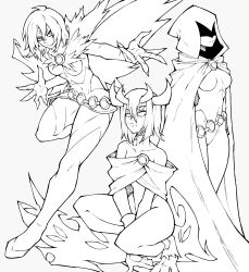 3girls absurdres animification bare_hips belt breasts cape cloak dark_persona dc_comics extra_eyes forehead_jewel greyscale highleg highleg_leotard highres hood hood_up horns kekel leotard medium_breasts monochrome multiple_girls multiple_horns multiple_persona raven_(dc) short_hair teen_titans thighhighs thighs umbrakinesis