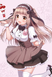 Rule 34 | 1girl, animal ears, blush, bow, bowtie, brown eyes, clothes lift, collared shirt, commentary request, dress, dress lift, floral background, grey background, hair between eyes, headdress, highres, holding, holding plate, layered dress, leg up, light brown hair, loafers, long hair, looking at viewer, maid, open mouth, original, parfait, pinafore dress, plate, scrunchie, shiono (0303), shirt, shoes, short sleeves, sleeveless dress, solo, thighhighs, two side up, white shirt, white thighhighs, wrist scrunchie, zettai ryouiki