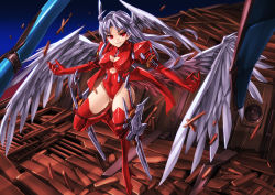 Rule 34 | 1girl, ahoge, angel wings, bad id, bad pixiv id, blurry, blush, bodysuit, boots, breasts, buckle, cleavage, cleavage cutout, clothing cutout, debris, depth of field, final fantasy, final fantasy tactics, flying, full body, gloves, grin, head wings, high heel boots, high heels, holster, leg up, leotard, long hair, looking to the side, medium breasts, mk-5, monster girl, outstretched arms, red eyes, red footwear, red leotard, red thighhighs, slit pupils, smile, solo, spread arms, sword, thigh boots, thigh holster, thigh strap, thighhighs, turtleneck, ultima (fft), weapon, white hair, wings