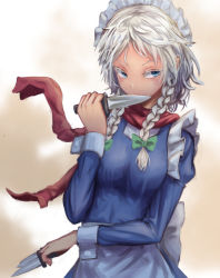 Rule 34 | 1girl, apron, between fingers, blue eyes, bow, braid, colored eyelashes, commentary request, dagger, frills, green bow, hair bow, holding, holding knife, izayoi sakuya, juliet sleeves, knife, knives between fingers, long sleeves, looking at viewer, maid headdress, puffy sleeves, red scarf, roke (taikodon), scarf, short hair, solo, touhou, twin braids, weapon, white hair, wrist cuffs