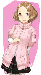 Rule 34 | 10s, 1girl, brown eyes, brown hair, floral print, okumura haru, open mouth, pantyhose, persona, persona 5, pink sweater, plaid, plaid skirt, poco (backboa), signature, skirt, solo, sweater, white pantyhose