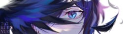 Rule 34 | 1boy, 707kuroyuki, artist name, blood, blood on face, blue eyes, blue hair, blue theme, blue wings, blurry, close-up, commentary, depth of field, english commentary, eye focus, eyelashes, feathers, genshin impact, highres, injury, kaeya (genshin impact), looking at viewer, male focus, mixed-language commentary, one eye covered, portrait, simple background, solo, sweat, symbol-shaped pupils, tears, white background, wings