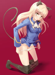 Rule 34 | 1girl, animal ears, black pantyhose, blonde hair, blush, clothes pull, female focus, full body, glasses, hiropon pj, kneeling, long hair, military, military uniform, panties, panty pull, pantyhose, pantyhose pull, perrine h. clostermann, simple background, solo, strike witches, tail, underwear, uniform, white panties, world witches series, yellow eyes