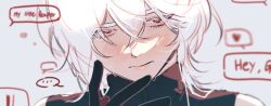 Rule 34 | 1boy, a date with death, bishounen, black gloves, blush, casper (a date with death), english text, gloves, highres, kkopa1712486, long hair, male focus, red eyes, simple background, solo, speech bubble, sweat, white hair