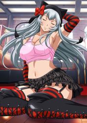 Rule 34 | 1girl, boots, breasts, chouun shiryuu, cleavage, closed eyes, cross-laced footwear, elbow gloves, garter straps, gloves, hat, highres, ikkitousen, indoors, lace-up boots, large breasts, legs, long hair, midriff, silver hair, sitting, skirt, smile, solo, sports bra, striped clothes, striped gloves, tagme, thigh boots, thighhighs, thighhighs under boots, yokozuwari