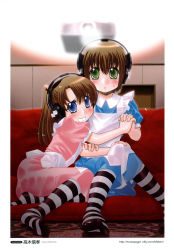 Rule 34 | 2girls, absurdres, blue eyes, blush, brown hair, couch, green eyes, headphones, highres, holding hands, maid, multiple girls, no shoes, original, pantyhose, ponytail, projector, scan, scared, striped clothes, striped legwear, striped pantyhose, takagi nobuyuki