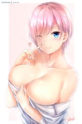 Rule 34 | 1girl, artist name, bare shoulders, blue eyes, blush, border, breasts, cleavage, closed mouth, collared shirt, dress shirt, go-toubun no hanayome, heart, large breasts, looking at viewer, nakano ichika, off shoulder, one eye closed, pink background, pink hair, rei kun, shirt, short hair, smile, solo, white border, white shirt