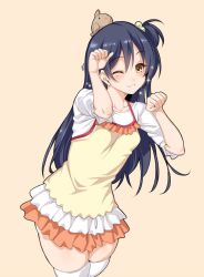 Rule 34 | 1girl, :3, bird, blue hair, blush, casual, cle masahiro, cosplay, dress, hair bobbles, hair ornament, hoshizora rin, hoshizora rin (cosplay), long hair, looking at viewer, love live!, love live! school idol project, one eye closed, one side up, paw pose, side ponytail, skindentation, smile, solo, sonoda umi, thighhighs, thighs, white thighhighs, wink
