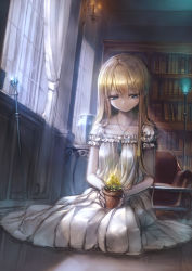 Rule 34 | 1girl, absurdres, blonde hair, blue eyes, book, bookshelf, breasts, candle, closed mouth, collarbone, couch, curtains, dress, flower, flower pot, garuku, hair between eyes, highres, indoors, jewelry, long dress, long hair, looking at another, looking down, medium breasts, necklace, on floor, original, pendant, photoshop (medium), reflective floor, second-party source, seiza, short sleeves, sitting, smile, solo, staff, straight hair, vase, white dress, window