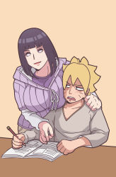 Rule 34 | 1boy, 1girl, annoyed, black eyes, black hair, blonde hair, blue eyes, blue hair, bob cut, boruto: naruto next generations, breast press, breasts, facial mark, grey shirt, highres, hood, hood down, hooded jacket, hoodie, hyuuga hinata, indy rique, jacket, lavender hoodie, lavender jacket, mature female, mother and son, naruto (series), open mouth, pencil, purple eyes, purple hoodie, purple shirt, shirt, short hair, source request, studying, tagme, uzumaki boruto, whisker markings, whiskers, white eyes