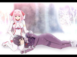 Rule 34 | 10s, 1boy, 1girl, bad id, bad pixiv id, black bodysuit, black hair, bodysuit, breasts, closed eyes, commentary request, couple, darling in the franxx, gloves, green eyes, hand on another&#039;s head, hand on another&#039;s shoulder, hetero, highres, hiro (darling in the franxx), horns, letterboxed, long hair, looking at another, lying, lying on lap, lying on person, medium breasts, mi (dxmp2445), on side, oni horns, pilot suit, pink hair, red horns, short hair, sitting, sleeping, sleeping on person, snow, snowing, tree, white bodysuit, white gloves, zero two (darling in the franxx)