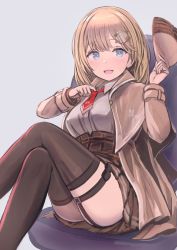 Rule 34 | 1girl, :d, ass, black thighhighs, blonde hair, blue eyes, blush, breasts, brown capelet, brown jacket, brown skirt, capelet, commentary request, enumiyaa, feet out of frame, garter straps, grey background, hair ornament, hat, highres, holding, holding clothes, holding hat, hololive, hololive english, jacket, looking at viewer, medium breasts, necktie, open mouth, pleated skirt, red necktie, shirt, simple background, sitting, skirt, smile, solo, thighhighs, unworn hat, unworn headwear, upskirt, virtual youtuber, watson amelia, watson amelia (1st costume), white shirt