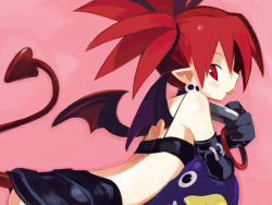 Rule 34 | 1girl, ass, bat wings, bracelet, choker, demon tail, disgaea, earrings, etna (disgaea), gloves, harada takehito, jewelry, official art, pointy ears, prinny, red eyes, red hair, solo, tail, tongue, twintails, wings