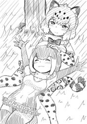 Rule 34 | 10s, 2girls, ^ ^, animal ears, armpits, arms up, bad id, bad pixiv id, bow, bowtie, closed eyes, closed mouth, covered navel, elbow gloves, fingerless gloves, fur collar, gloves, greyscale, half-closed eyes, hand on another&#039;s head, happy, jaguar (kemono friends), jaguar ears, jaguar print, jaguar tail, kemono friends, lap pillow, looking at another, lying, monochrome, multiple girls, on back, otter ears, otter tail, outdoors, outstretched arms, outstretched hand, sannomiya mirai, short hair, sketch, skirt, small-clawed otter (kemono friends), smile, swimsuit, tail, thighhighs