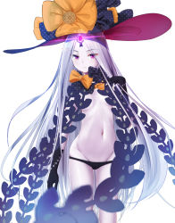 Rule 34 | 1girl, abigail williams (fate), abigail williams (third ascension) (fate), black bow, black gloves, black hat, black panties, blurry, blurry foreground, blush, bow, breasts, commentary request, depth of field, elbow gloves, fate/grand order, fate (series), gloves, glowing, groin, hand up, hat, hat bow, highres, long hair, looking at viewer, lowleg, lowleg panties, navel, orange bow, pale skin, panties, parted bangs, polka dot, polka dot bow, purple eyes, revealing clothes, sakazakinchan, simple background, skull print, small breasts, solo, topless, underwear, very long hair, white background, white hair, witch hat