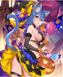 Rule 34 | 1girl, aerial fireworks, animal ear fluff, animal ears, ass, bare shoulders, black choker, black hat, black panties, black sleeves, blue eyes, blue hair, blue skirt, blush, bow, breasts, candy, candy cane, cat ears, cat girl, cat tail, choker, city lights, clothes lift, colored inner hair, cookie, detached sleeves, evertale, fireworks, food, frilled cuffs, frilled wrist cuffs, frills, fur-trimmed sleeves, fur choker, fur trim, gingerbread man, halloween, halloween bucket, halloween costume, hat, holding, holding candy, holding food, holding lollipop, idol, jack-o&#039;-lantern, lace, lace-trimmed panties, lace trim, lamppost, large breasts, layered skirt, lollipop, looking at viewer, miniskirt, mirai (evertale), multicolored hair, official alternate costume, official art, open mouth, outdoors, panties, parted lips, pleated skirt, pumpkin, purple hair, purple skirt, short hair, sideboob, skirt, skirt lift, solo, standing, string of flags, swirl lollipop, tail, teffish, thigh strap, underwear, window, witch, witch hat, wrist cuffs, yellow bow, yellow skirt