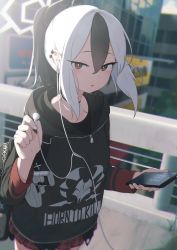 Rule 34 | 1girl, absurdres, apartment, bag, black hair, black hoodie, blue archive, blush, cellphone, choker, chromatic aberration, commentary, earclip, earphones, eyelashes, gun, h&amp;k p30, hair between eyes, halo, handgun, highres, holding, holding phone, holster, holstered, hood, hood down, hoodie, hoplitx, horns, kayoko (blue archive), long sleeves, looking at viewer, medium hair, multicolored hair, open mouth, outdoors, parted lips, phone, plaid, plaid skirt, ponytail, red eyes, revision, shared earphones, shoulder holster, skirt, smartphone, solo, standing, two-tone hair, weapon, white hair, zipper
