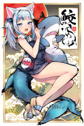 Rule 34 | 1girl, :d, animal ears, bag, bare legs, blue eyes, blue hair, blue nails, blunt bangs, blush, cat ears, doll, fake animal ears, fins, fish tail, full body, gawr gura, gawr gura (casual), hair ornament, hairband, highres, holding, holding doll, hololive, hololive english, ikea shark, kemonomimi mode, legs, looking at viewer, multicolored hair, nail polish, official alternate costume, open mouth, overalls, revision, robot cat (robotcatart), sandals, shark tail, shirt, shoulder bag, smile, solo, streaked hair, stuffed animal, stuffed shark, stuffed toy, tail, toenail polish, toenails, virtual youtuber, white hair, white shirt