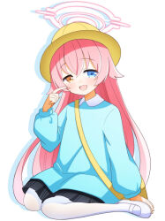 Rule 34 | 1girl, alternate costume, black skirt, blue archive, blue eyes, blue shirt, blush, fang, full body, hair between eyes, halo, hat, heterochromia, highres, hoshino (blue archive), kindergarten uniform, long hair, long sleeves, looking at viewer, open mouth, pantyhose, petako (ptpt k), pink hair, pink halo, pleated skirt, school hat, shirt, shoes, simple background, skin fang, skirt, smile, solo, white background, white footwear, white pantyhose, yellow eyes, yellow hat