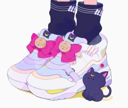 Rule 34 | bishoujo senshi sailor moon, black cat, bow, cat, highres, luna (sailor moon), moon, pepparmint310, pink bow, shadow, shoes, simple background, sneakers, white background, white footwear