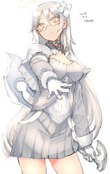 Rule 34 | 1girl, 2019, blush, breasts, choker, cleavage, closed mouth, contrapposto, dated, flower, glasses, gloves, grey skirt, hair between eyes, hair flower, hair ornament, halo, highres, holding, holding sword, holding weapon, long hair, medium breasts, original, sigama, signature, simple background, skirt, solo, standing, sword, upper body, weapon, white background, white flower, white gloves, white hair, yellow eyes