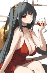 Rule 34 | 1girl, absurdres, alcohol, azur lane, black hair, breasts, cleavage, cup, dress, drinking glass, highres, large breasts, looking at viewer, official alternate costume, red dress, red eyes, smile, solo, star741, taihou (azur lane), taihou (forbidden feast) (azur lane), wine, wine glass